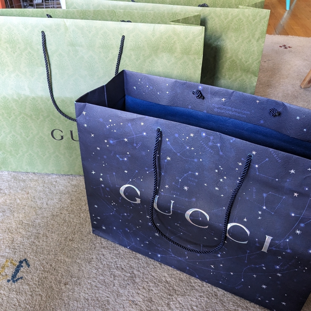 Set of 3 Gucci embossed paper shopping bags in green and blue
